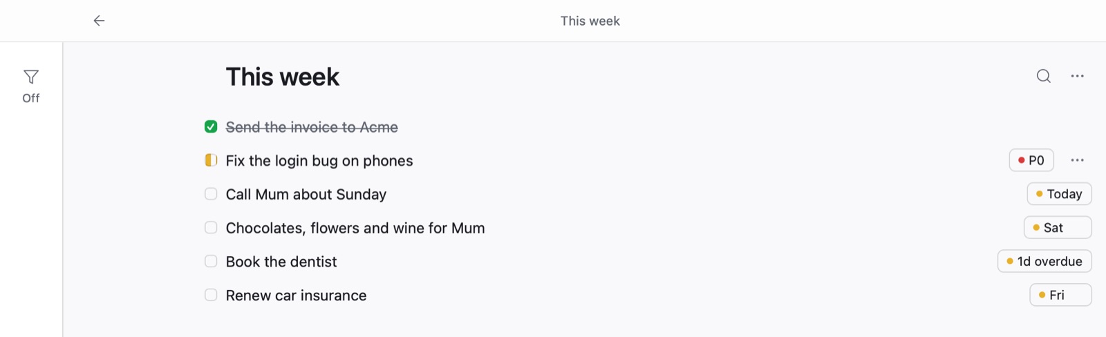 The Moderalist app: a list called This week, with tasks like Call Mum about Sunday tagged Today, and Book the dentist tagged 1d overdue.
